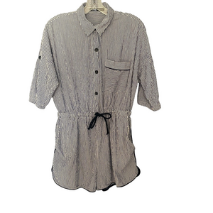 Zara Blue & White Striped Romper Drawstring Waist Pockets Sz M